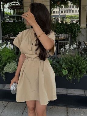 Zara Beige Pleated Belted Mini Dress